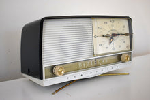 Load image into Gallery viewer, Black and White 1959 RCA Victor Model C-4FE Vacuum Tube AM Clock Radio Unique Swivel Stand
