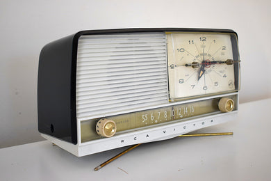 Black and White 1959 RCA Victor Model C-4FE Vacuum Tube AM Clock Radio Unique Swivel Stand