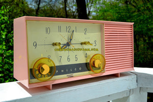 SOLD! - May 8, 2017 - DAISY PINK Mid-Century Retro Vintage 1959 Philco Model F-762-124 AM Tube Clock Radio Totally Restored! - [product_type} - Philco - Retro Radio Farm