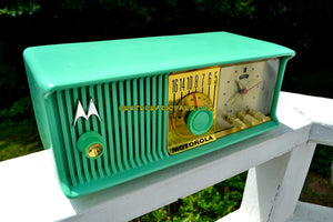 SOLD! - Dec. 8, 2017 - SEA GREEN Mid Century Retro Antique Jetsons 1957 Motorola 57CC Tube AM Clock Radio Totally Restored!