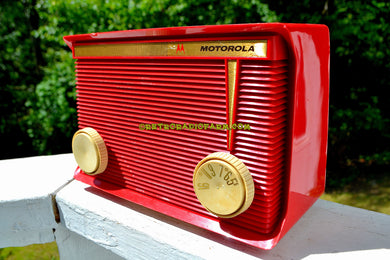 SOLD! - Nov 17, 2017 - BLUETOOTH MP3 READY - APPLE RED Retro Vintage 1959 Motorola Model A1R-15 Tube AM Clock Radio Totally Restored!