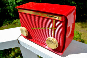 SOLD! - Nov 17, 2017 - BLUETOOTH MP3 READY - APPLE RED Retro Vintage 1959 Motorola Model A1R-15 Tube AM Clock Radio Totally Restored! - [product_type} - Motorola - Retro Radio Farm