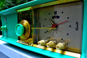 SOLD! - Dec. 8, 2017 - SEA GREEN Mid Century Retro Antique Jetsons 1957 Motorola 57CC Tube AM Clock Radio Totally Restored! - [product_type} - Motorola - Retro Radio Farm