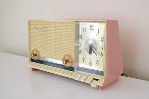 Flamingo Pink 1961 Silvertone Sears Roebuck Model 1041 "Medalist" Vacuum Tube AM Clock Radio Excellent Plus Condition Push Button Pleasure!