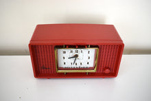 Load image into Gallery viewer, Cardinal Red Vintage 1955 Sylvania Model R598-18637 Vacuum Tube AM Radio Sounds Great Rare Working Panelescent Screen Wow!