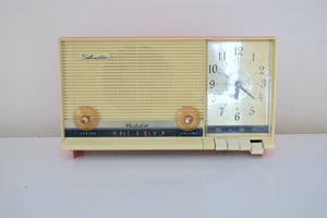 Flamingo Pink 1961 Silvertone Sears Roebuck Model 1041 "Medalist" Vacuum Tube AM Clock Radio Excellent Plus Condition Push Button Pleasure!