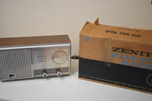 Charger l&#39;image dans la galerie, Walnut Wood Grain and White 1969 Zenith Model Z419L AM/FM Solid State Radio Original Box User Manual Sounds Groovy Man!