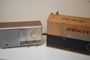 Walnut Wood Grain and White 1969 Zenith Model Z419L AM/FM Solid State Radio Original Box User Manual Sounds Groovy Man!