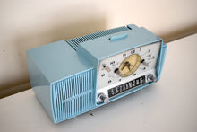 Load image into Gallery viewer, Sonic Blue Mid Century 1958 General Electric Model 913D Vacuum Tube AM Clock Radio Beauty Sounds Fantastic Rare Working Clock Light Wow!
