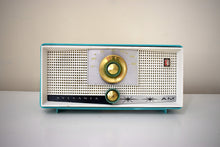 Load image into Gallery viewer, Aquamarine Turquoise and White 1959 Sylvania Model 5T17 Vacuum Tube AM Radio So Cute and Sounds Great!