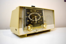 Load image into Gallery viewer, Goldenrod and White 1958 RCA Victor Model 1-C-5KE Vacuum Tube AM Clock Radio Sounds Looks Terrific!
