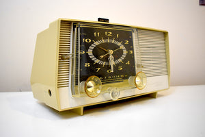 Goldenrod and White 1958 RCA Victor Model 1-C-5KE Vacuum Tube AM Clock Radio Sounds Looks Terrific!