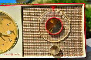SOLD! - Oct 12, 2014 - CORVETTE RED AND WHITE Retro Jetsons Late 50's early 60's General Electric GE Tube AM Clock Radio WORKS! - [product_type} - General Electric - Retro Radio Farm
