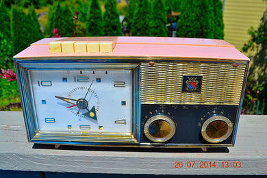 SOLD! - Nov 26, 2014 - PRINCESS Pink Retro Jetsons 1962 Bulova Model 180 Tube AM Clock Radio WORKS!