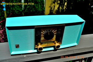 SOLD! - Sept 4, 2014 - RIDICULOUS CLEAN AQUA BLUE Retro Jetsons 1957 Magnavox R5 Tube AM Radio Dual Speaker WORKS! - [product_type} - Magnavox - Retro Radio Farm