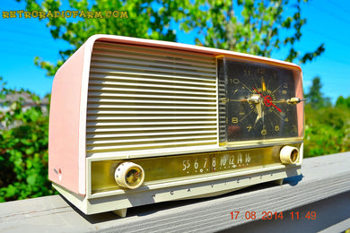 SOLD! - Oct 2, 2014 - POWDER PINK Retro Jetsons 1956 RCA Victor 8-C-7-FE Tube AM Clock Radio WORKS!