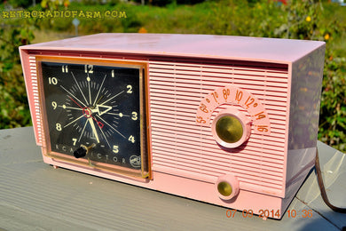 SOLD! - Sept 28, 2014 - BUBBLE GUM Pink Retro 1956 RCA Victor Model 6-C-5 AM Clock Radio Works!