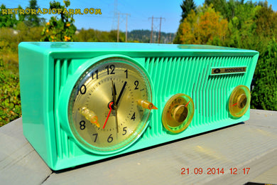 SOLD! - Oct 12, 2014 - SEA GREEN Retro Jetsons 1957 Motorola 57CS Tube AM Clock Radio Works! Quiet Clock!