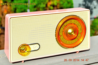 SOLD! - Sept 30, 2014 - POWDER PINK Retro Jetsons Vintage 1958 RCA 1-RA-43 AM Tube Radio WORKS!