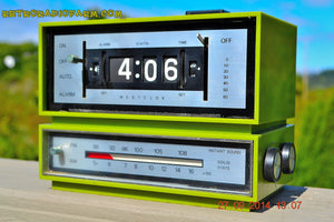 SOLD! - Dec 29, 2014 - GRASSHOPPER GREEN Retro Jetsons Vintage 1960's or 1970's Westclox AM/FM Solid State Clock Radio Alarm WORKS! - [product_type} - Westclox - Retro Radio Farm