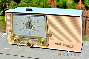 SOLD! - Dec 14, 2014 - TAN and White Retro Jetsons Vintage 1957 RCA 1-X-5KE AM Tube Clock Radio WORKS! - [product_type} - RCA Victor - Retro Radio Farm