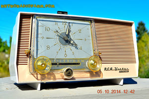 SOLD! - Dec 14, 2014 - TAN and White Retro Jetsons Vintage 1957 RCA 1-X-5KE AM Tube Clock Radio WORKS!