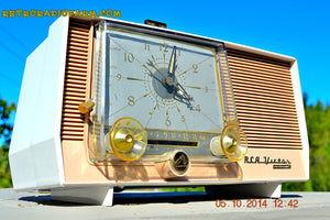 SOLD! - Dec 14, 2014 - TAN and White Retro Jetsons Vintage 1957 RCA 1-X-5KE AM Tube Clock Radio WORKS! - [product_type} - RCA Victor - Retro Radio Farm