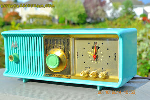 SOLD! - Nov 28, 2014 - VIVID Turquoise Retro Jetsons 1957 Motorola 57CC Tube AM Clock Radio WORKS! - [product_type} - Motorola - Retro Radio Farm