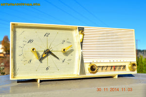 SOLD! - Dec 30, 2014 - IVORY Retro Jetsons Vintage 1958 Westinghouse Model 645T6 AM Tube Clock Radio WORKS! - [product_type} - Westinghouse - Retro Radio Farm