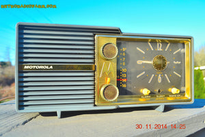 SOLD! - Dec 5, 2014 - BLUE SLATE Retro Jetsons Vintage 1959 Motorola Model 66C AM Tube Clock Radio WORKS!
