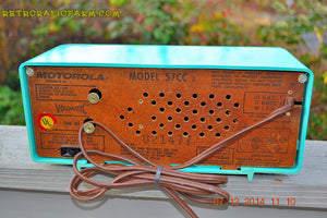 SOLD! - Dec 17, 2014 - VIVID Turquoise Retro Jetsons 1957 Motorola 57CC Tube AM Clock Radio WORKS! - [product_type} - Motorola - Retro Radio Farm