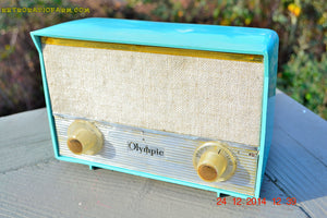 SOLD! - Feb 22, 2016 - RARE BIRD Turquoise Retro Jetsons 1959 Olympic Model 553 Tube AM Radio Totally Restored! - [product_type} - Olympic - Retro Radio Farm