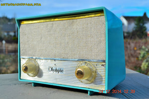SOLD! - Feb 22, 2016 - RARE BIRD Turquoise Retro Jetsons 1959 Olympic Model 553 Tube AM Radio Totally Restored! - [product_type} - Olympic - Retro Radio Farm