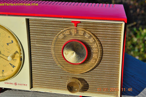 SOLD! - March 23, 2015 - CORVETTE RED AND WHITE Retro Jetsons Late 50s early 60s General Electric GE Tube AM Clock Radio Totally Restored! - [product_type} - General Electric - Retro Radio Farm