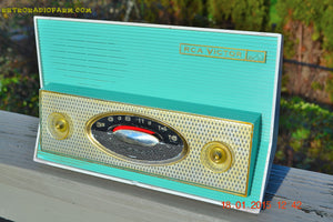 SOLD! - April 28, 2014 - TURQUOISE Retro Jetsons Vintage 1957 RCA Victor Model 1-X-4HE AM Tube Radio WORKS! - [product_type} - RCA Victor - Retro Radio Farm