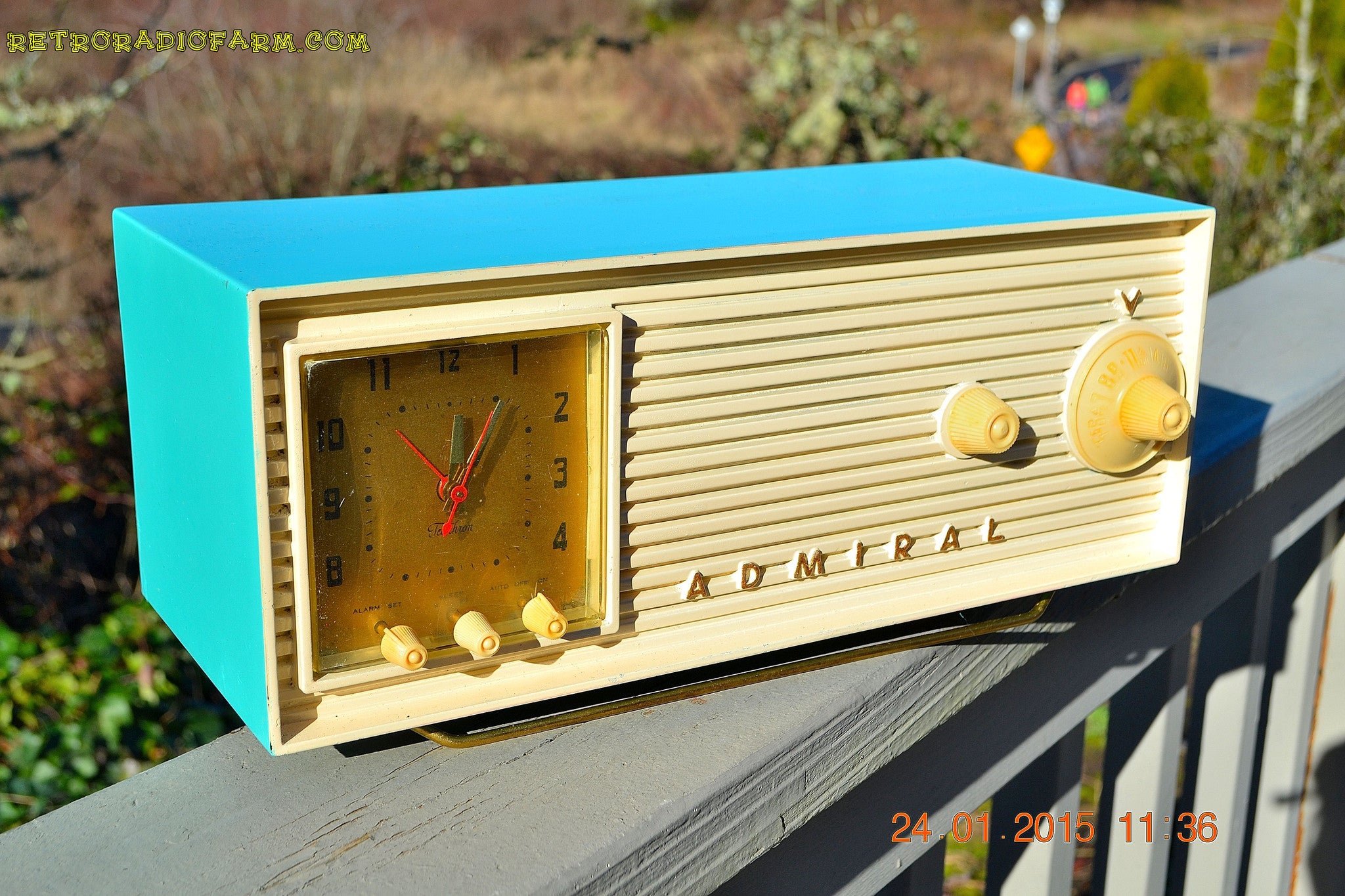 SOLD! - June 25, 2016 - SEAFOAM GREEN AND WHITE Retro Jetsons 1956 Admiral Model 5B43 Tube AM Clock Radio Totally Restored! - [product_type} - Admiral - Retro Radio Farm