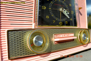 SOLD! - Aug 19, 2015 - POWDER PINK Retro Jetsons Vintage 1957 RCA Victor Model 1-RD-63 AM Tube Clock Radio Totally Restored! - [product_type} - RCA Victor - Retro Radio Farm