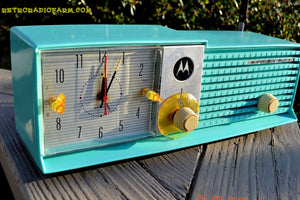 SOLD! - Aug 19 - 2015 - WOWIE! - Aqua Blue Green Retro Jetsons 1956 Motorola 57CD Tube AM Clock Radio NOS New Old Stock Cabinet Totally Restored! - [product_type} - Motorola - Retro Radio Farm