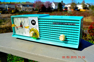 SOLD! - Aug 19 - 2015 - WOWIE! - Aqua Blue Green Retro Jetsons 1956 Motorola 57CD Tube AM Clock Radio NOS New Old Stock Cabinet Totally Restored! - [product_type} - Motorola - Retro Radio Farm