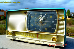 SOLD! - Sept 12, 2015 - Aqua and White Retro Jetsons 1956 RCA Victor 9-C-7LE Tube AM Clock Radio Totally Restored! - [product_type} - RCA Victor - Retro Radio Farm
