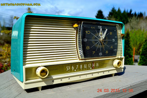 SOLD! - Sept 12, 2015 - Aqua and White Retro Jetsons 1956 RCA Victor 9-C-7LE Tube AM Clock Radio Totally Restored!