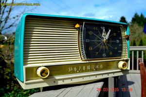 SOLD! - Sept 12, 2015 - Aqua and White Retro Jetsons 1956 RCA Victor 9-C-7LE Tube AM Clock Radio Totally Restored! - [product_type} - RCA Victor - Retro Radio Farm