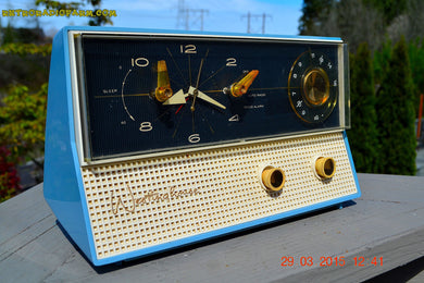 SOLD! - Dec 9, 2015 - CORNFLOWER Blue Retro Jetsons 1959 Westinghouse Model H711T5 Tube AM Clock Radio Totally Restored!