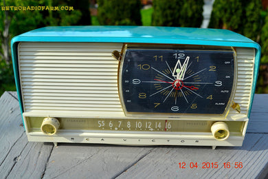 SOLD! - June 29, 2015 - BLUETOOTH MP3 READY - AQUA and White Retro Jetsons 1956 RCA Victor 9-C-7LE Tube AM Clock Radio Totally Restored!