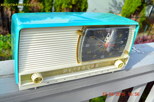 SOLD! - June 29, 2015 - BLUETOOTH MP3 READY - AQUA and White Retro Jetsons 1956 RCA Victor 9-C-7LE Tube AM Clock Radio Totally Restored! - [product_type} - RCA Victor - Retro Radio Farm