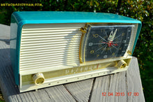 Load image into Gallery viewer, SOLD! - June 29, 2015 - BLUETOOTH MP3 READY - AQUA and White Retro Jetsons 1956 RCA Victor 9-C-7LE Tube AM Clock Radio Totally Restored! - [product_type} - RCA Victor - Retro Radio Farm