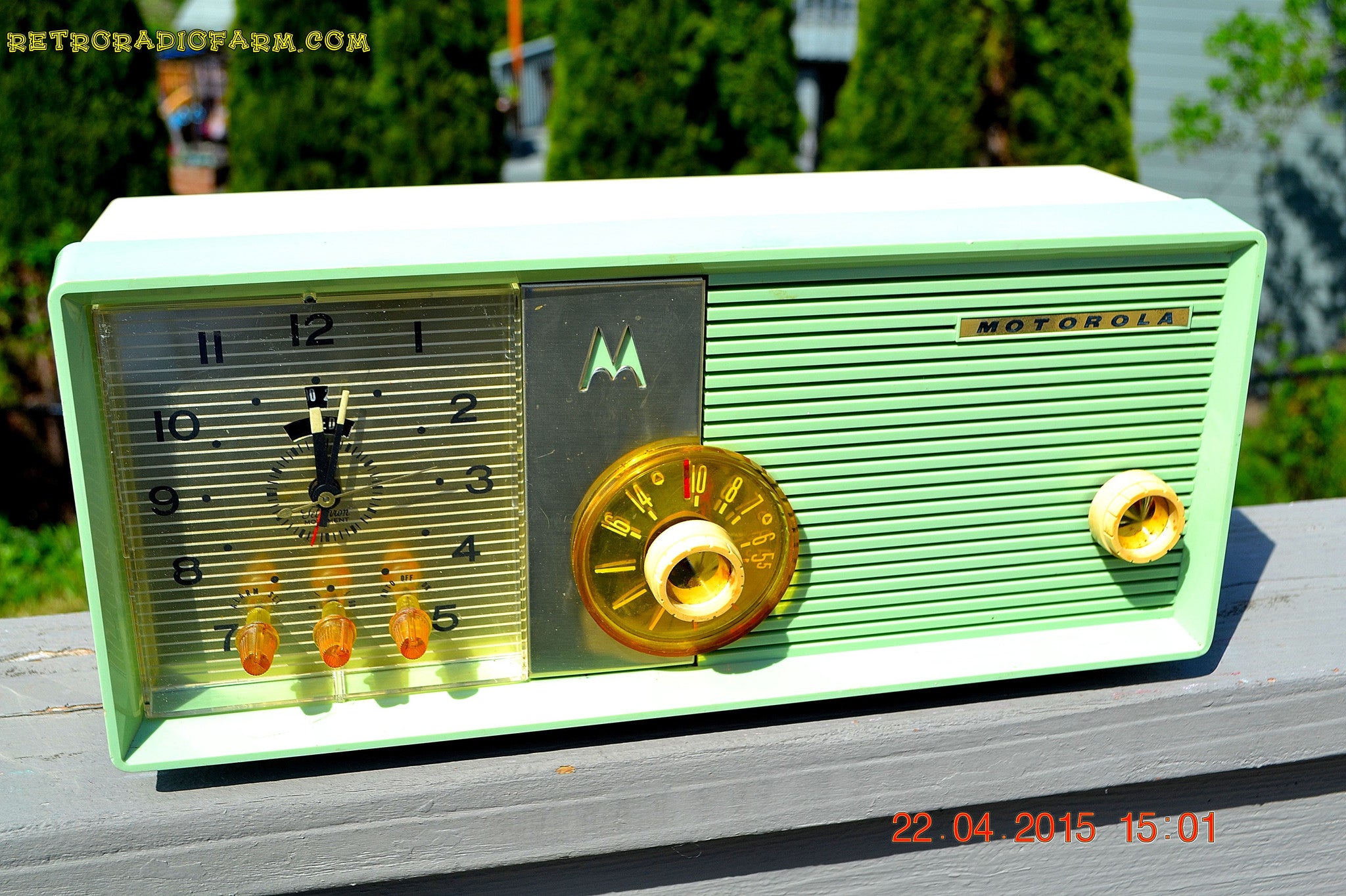 SOLD! - Aug 19, 2015 - BLUETOOTH MP3 READY - COOL MINT GREEN Retro Jetsons 1957 Motorola 5C25GW Tube AM Clock Radio Totally Restored! - [product_type} - Motorola - Retro Radio Farm