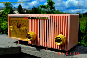 SOLD! - Nov 4, 2015 - BLUETOOTH MP3 READY - PRETTY IN PINK Retro Jetsons 1956 Motorola 57CF Tube AM Clock Radio Totally Restored!