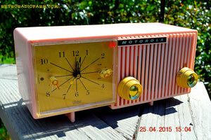 SOLD! - Nov 4, 2015 - BLUETOOTH MP3 READY - PRETTY IN PINK Retro Jetsons 1956 Motorola 57CF Tube AM Clock Radio Totally Restored! - [product_type} - Motorola - Retro Radio Farm
