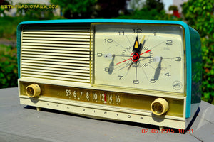 SOLD! - Aug 5, 2015 - Aqua and White Retro Jetsons 1956 RCA Victor 9-C-7LE Tube AM Clock Radio Totally Restored! - [product_type} - RCA Victor - Retro Radio Farm